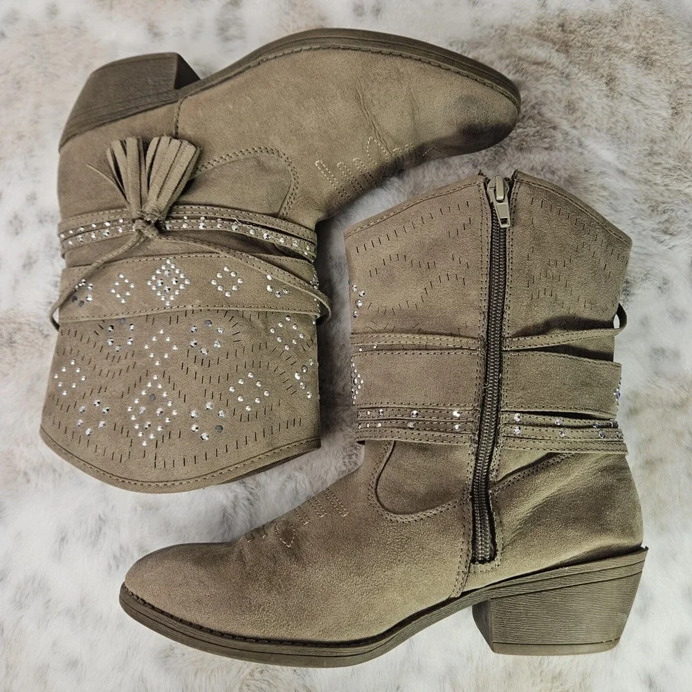 Justice Teen Girls Western Boots Size 8 Brown Tassels Bling Stitching Zip Close